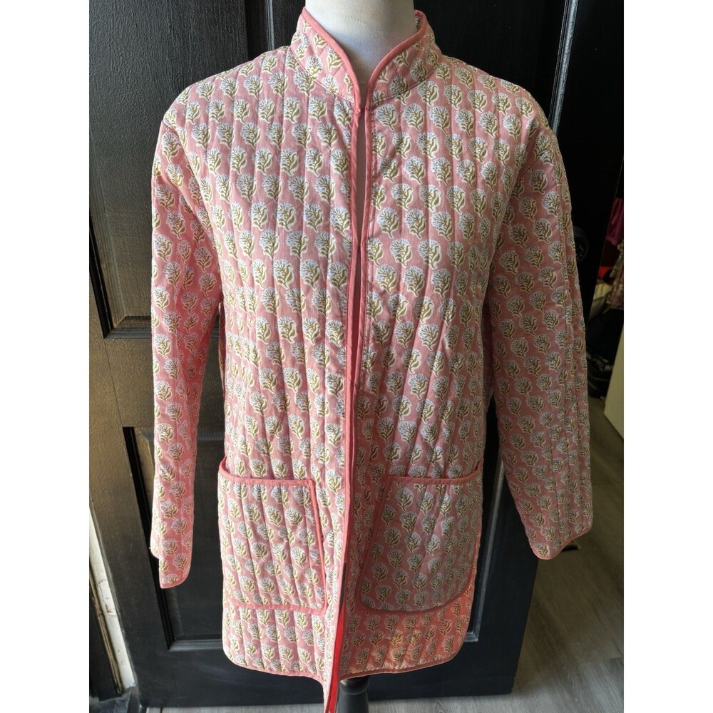 pink quilted Cotton jacket Floral Print Patch Pockets Cottagecore Grandmacore M